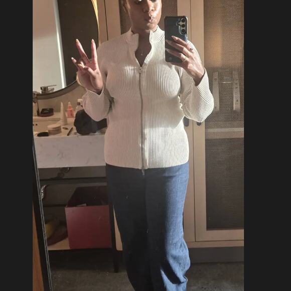 A.L.C. White Ribbed Knit Full Zip Sweater LARGE Work Quiet Luxury Designer $500 - Picture 4 of 14